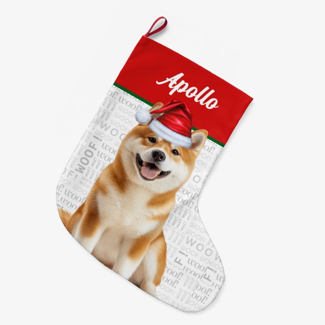 Calcetín Navideño Grande Christmas Akita Dog with Name Woof Background (Frente (Colgado))