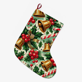 Calcetín Navideño Grande Christmas Bells holly candy canes art pattern