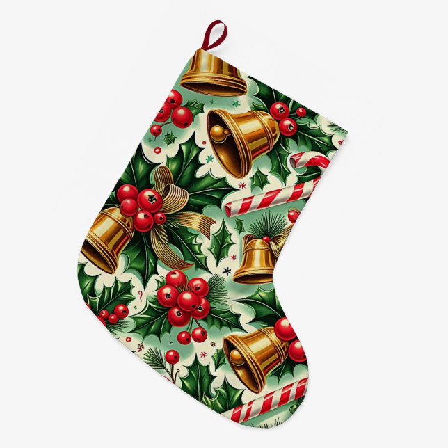 Calcetín Navideño Grande Christmas Bells holly candy canes art pattern (Frente (Colgado))