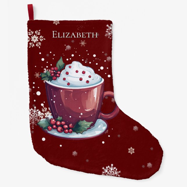Calcetín Navideño Grande Christmas Cup of Hot Chocolate Red Personalized (Anverso)