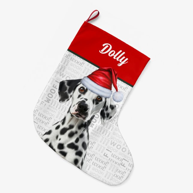 Calcetín Navideño Grande Christmas Dalmatian Dog with Name Woof Background (Frente (Colgado))