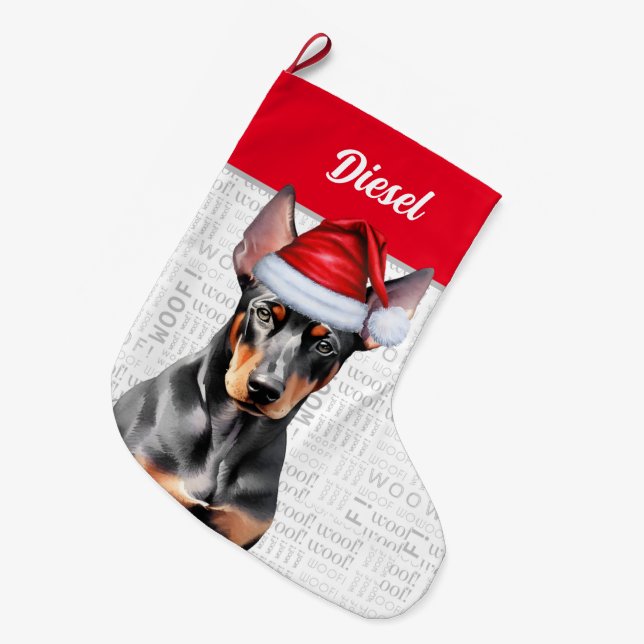 Calcetín Navideño Grande Christmas Doberman Pinscher Santa with Dog's Name (Frente (Colgado))
