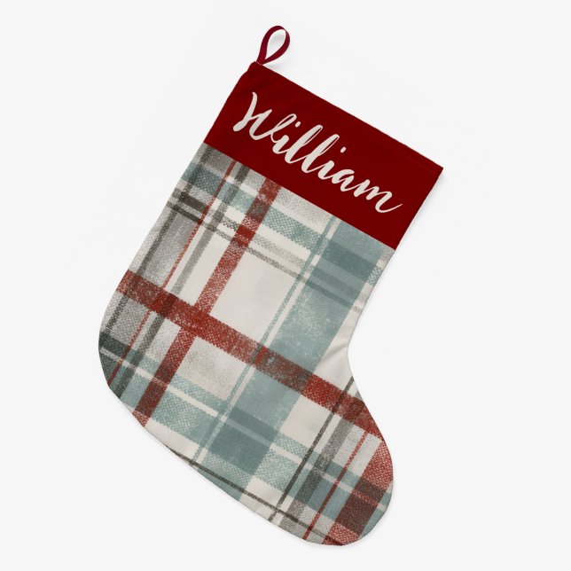 Calcetín Navideño Grande Christmas Festive Plaid Holiday Stocking (Frente (Colgado))