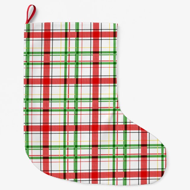 Calcetín Navideño Grande Christmas Flannel Plaid Tartan Design - White  (Anverso)