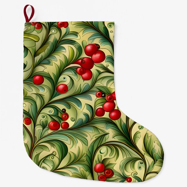 Calcetín Navideño Grande Christmas Floral Pattern With Red Berries (Anverso)