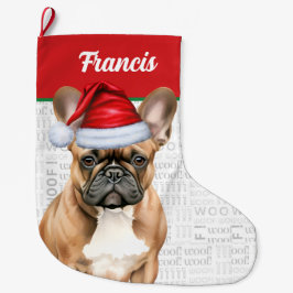 Calcetín Navideño Grande Christmas French Bulldog with Name Woof Background
