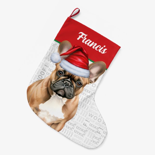 Calcetín Navideño Grande Christmas French Bulldog with Name Woof Background (Frente (Colgado))