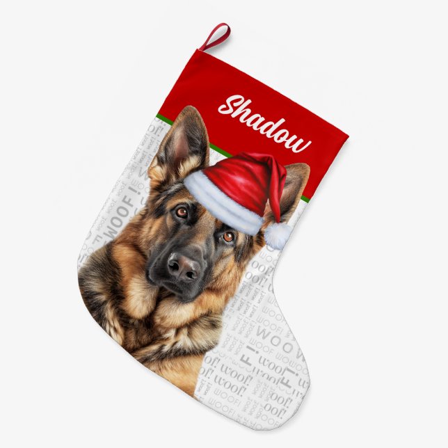 Calcetín Navideño Grande Christmas German Shepherd with Dog's Name (Frente (Colgado))