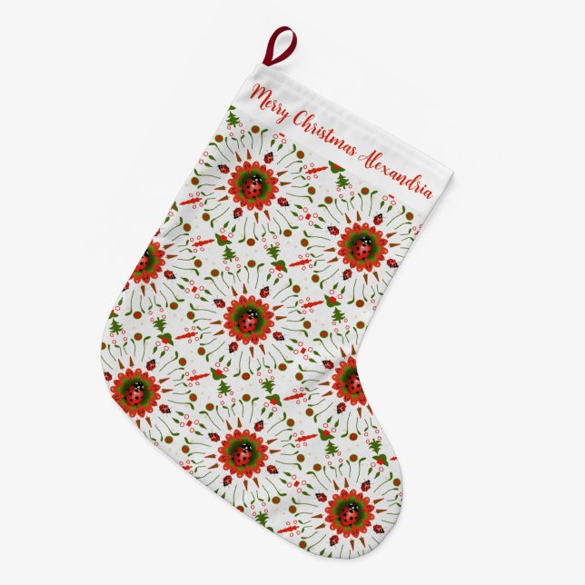 Calcetín Navideño Grande Christmas Ladybug Red, Green, and White Name (Frente (Colgado))