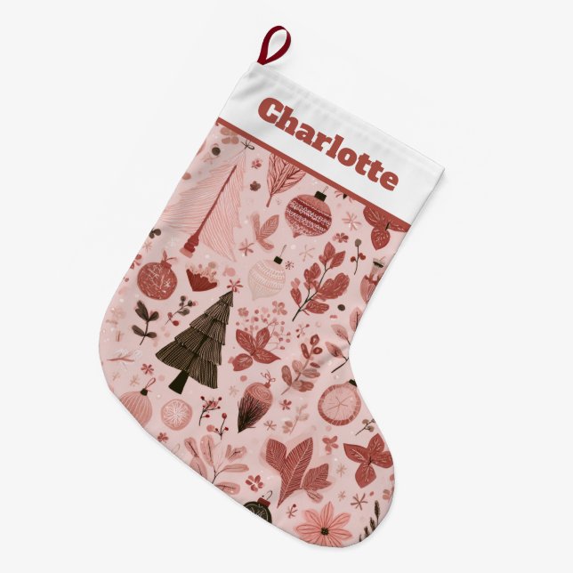 Calcetín Navideño Grande Christmas Pattern Photo | Pink Christmas Stocking (Frente (Colgado))