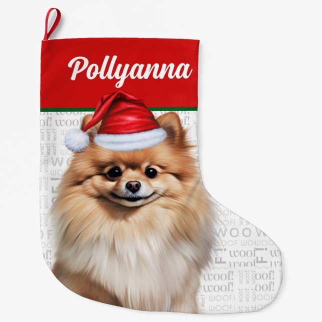 Calcetín Navideño Grande Christmas Pomeranian Dog with Name Woof (Anverso)