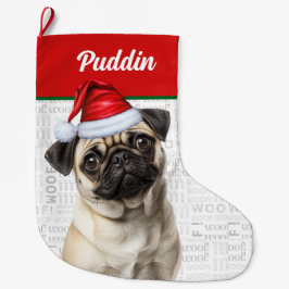 Calcetín Navideño Grande Christmas Pug Dog with Name Woof