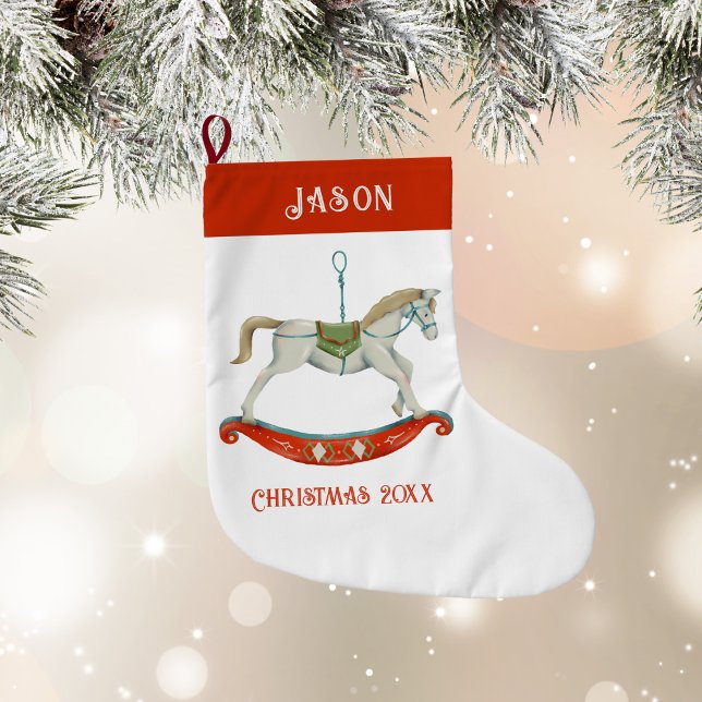 Calcetín Navideño Grande Christmas Rocking Horse With Name (Christmas Rocking Horse With Name Large Christmas Stocking)