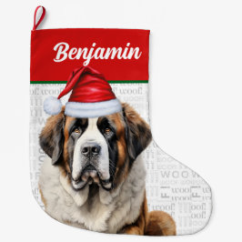 Calcetín Navideño Grande Christmas Saint Bernard Dog with Name Woof