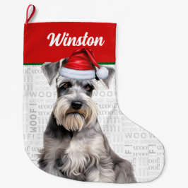 Calcetín Navideño Grande Christmas Schnauzer Dog Name Woof Background