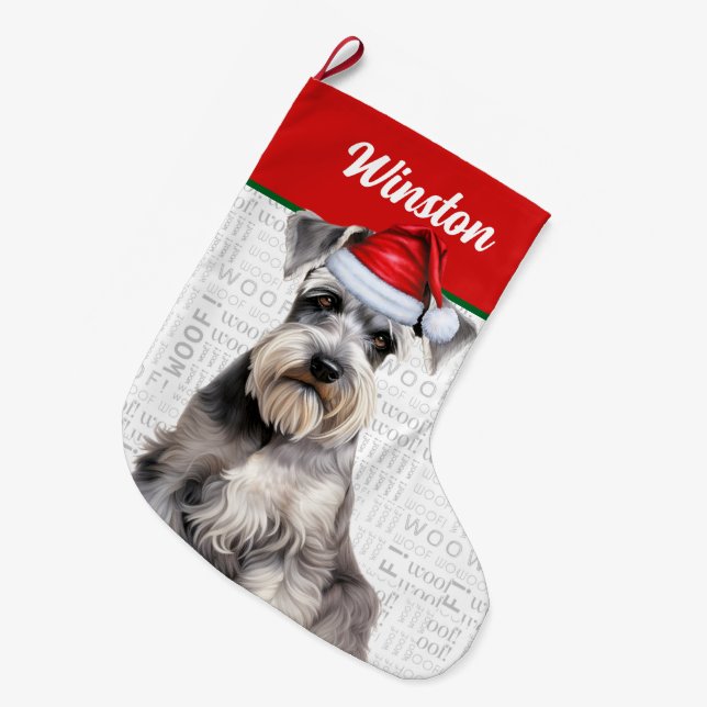 Calcetín Navideño Grande Christmas Schnauzer Dog Name Woof Background (Frente (Colgado))