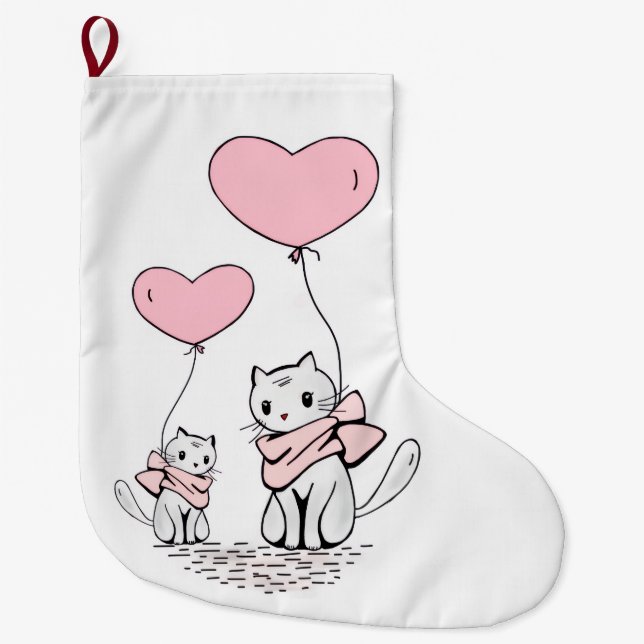 Calcetín Navideño Grande Christmas Stocking, Cat Red Hearts Love (Anverso)