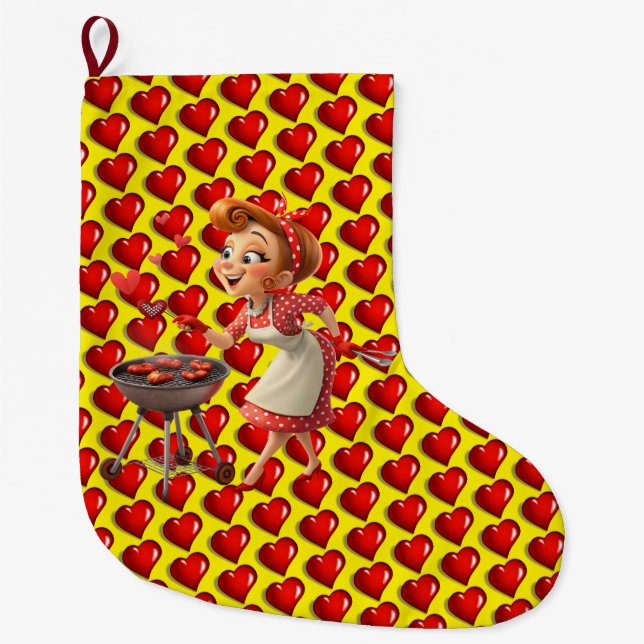 Calcetín Navideño Grande Christmas Stocking, Cooking Red Hearts Love (Anverso)