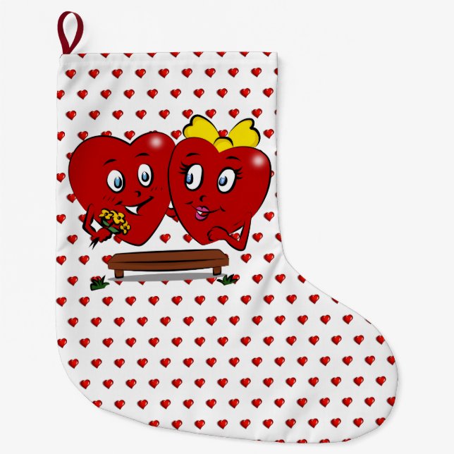 Calcetín Navideño Grande Christmas Stocking, Couple Red Hearts Love (Anverso)