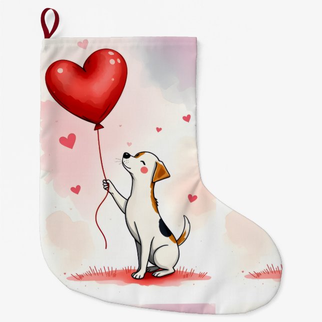 Calcetín Navideño Grande Christmas Stocking,  Dog Red Heart (Anverso)