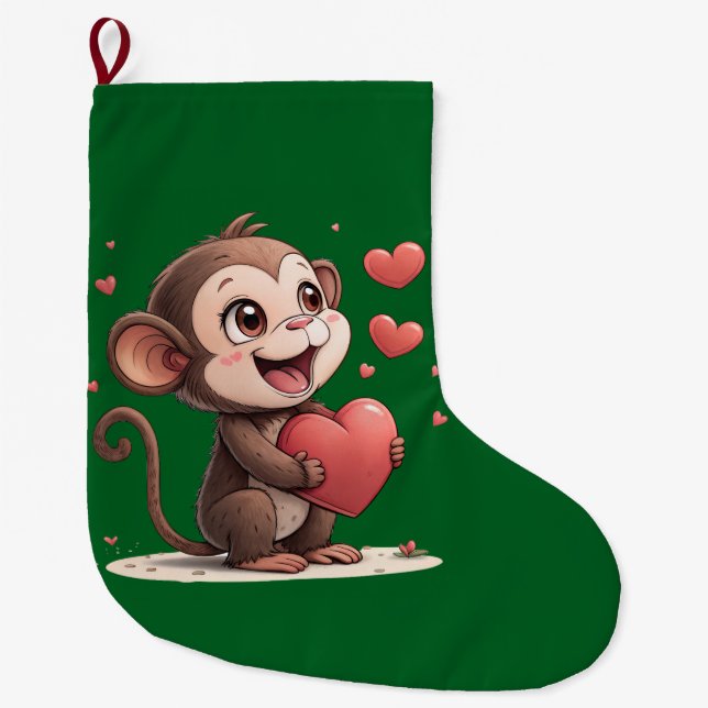 Calcetín Navideño Grande Christmas Stocking, Monkey Red Hearts Love (Anverso)
