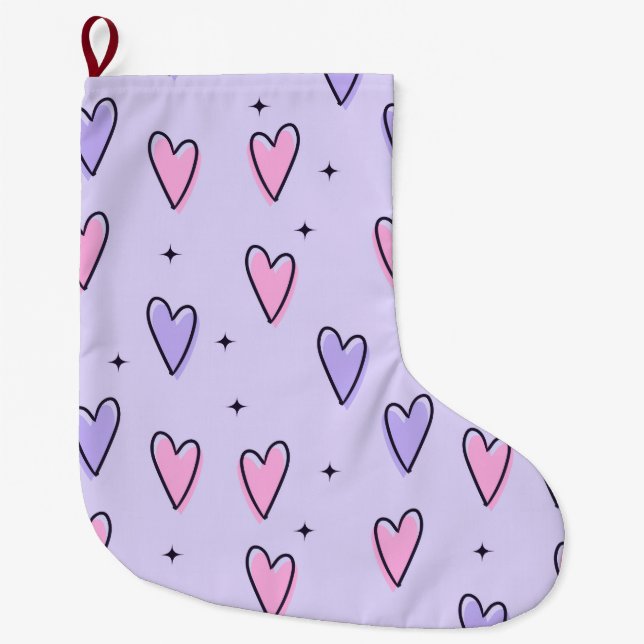 Calcetín Navideño Grande Christmas Stocking, Pink Purple Hearts Love (Anverso)