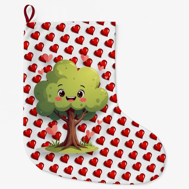 Calcetín Navideño Grande Christmas Stocking, Tree Red Hearts Love (Anverso)