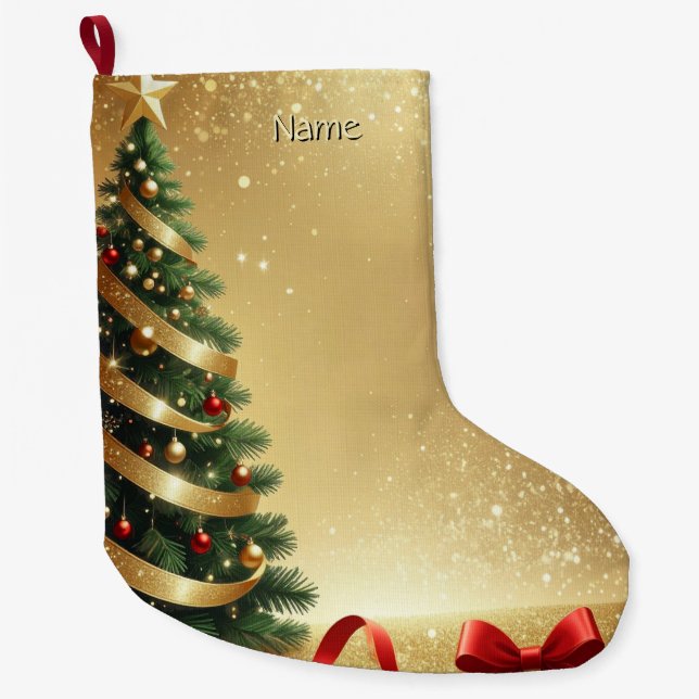 Calcetín Navideño Grande Christmas Tree Ribbons Holiday Stocking (Anverso)