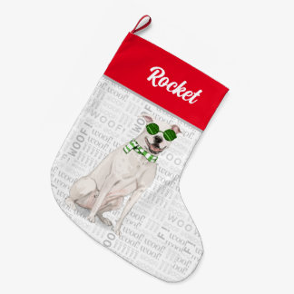 Calcetín Navideño Grande Christmas White Pit Bull with Dog's Name