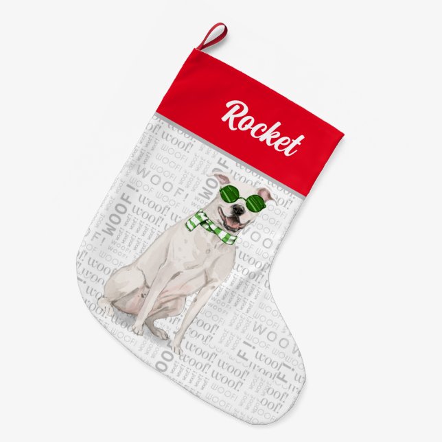 Calcetín Navideño Grande Christmas White Pit Bull with Dog's Name (Frente (Colgado))