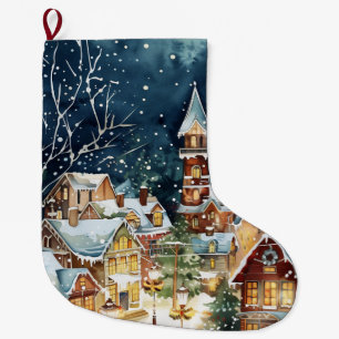 Calcetín Navideño Grande Ciudad ilustrativa de Navidades en la nieve