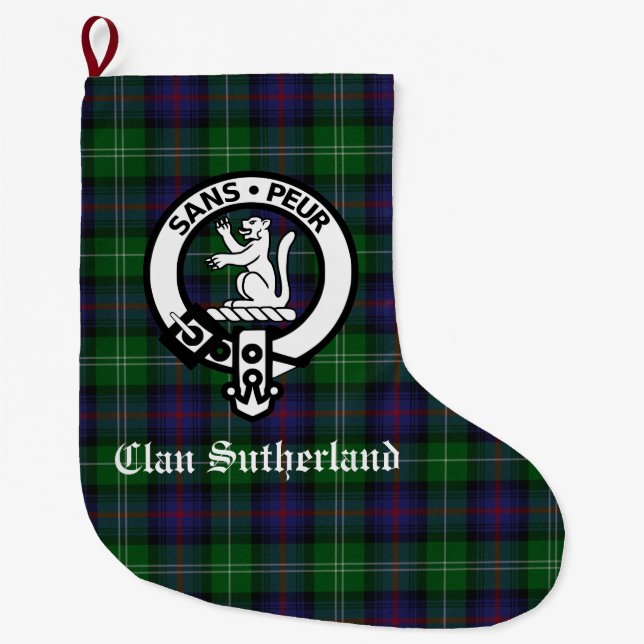 Calcetín Navideño Grande Clan Sutherland Escudo y Personalizable Tartán (Anverso)