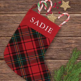 Calcetín Navideño Grande Clásico Elegante Feriado Tartán Rojo con Nombre