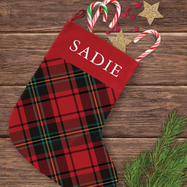 Calcetín Navideño Grande Clásico Elegante Feriado Tartán Rojo con Nombre (Subido por el creador)