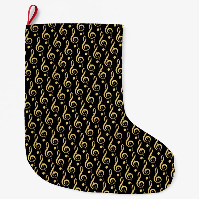Calcetín Navideño Grande Clef Musical Treble Black and Gold Stocking (Anverso)