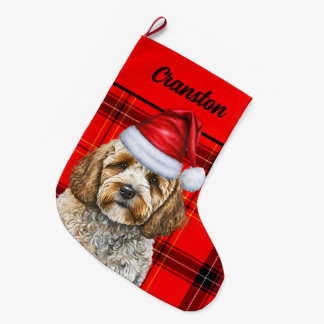 Calcetín Navideño Grande Cockapoo festivo y rojo plateado con nombre de per