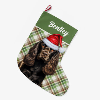 Calcetín Navideño Grande Cocker marrón verde vestido con nombre de perro