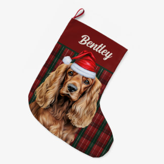 Calcetín Navideño Grande Cocker Spaniel Cuadro Verde y Rojo con el Nombre d