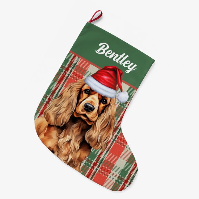 Calcetín Navideño Grande Cocker Spaniel Verde y rojo vestido con nombre de  (Frente (Colgado))