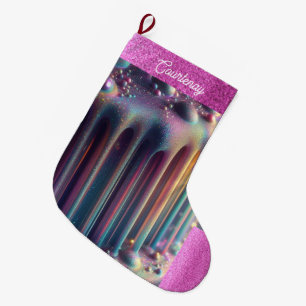 Calcetín Navideño Grande Colores de Arcoíris Iridescente Glitter Personaliz