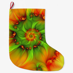 Calcetín Navideño Grande Colores verdes dorados rojos Resumen arte fractal