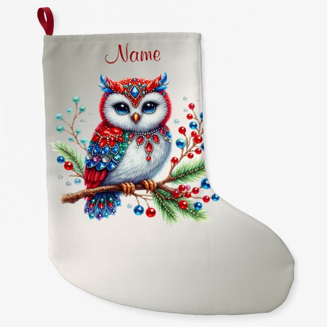 Calcetín Navideño Grande Coloridos Navidades Owl Holiday Stocking (Anverso)