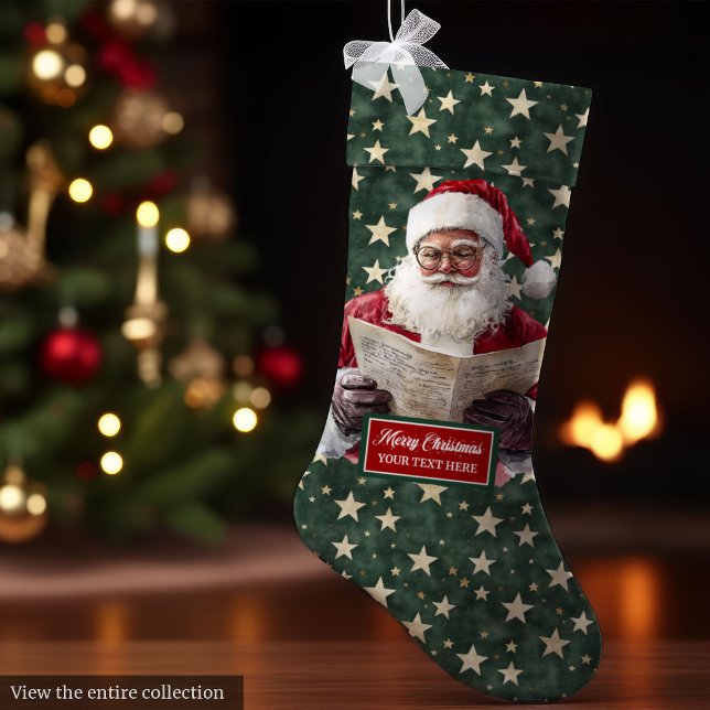 Calcetín Navideño Grande Cómodo Santa Verde Rojo Stocking with Your Name Pr (Cozy Red Green Santa Stocking with Your Name Print)