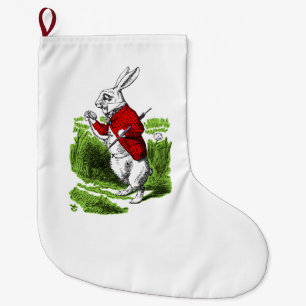 Calcetín Navideño Grande Conejo Blanco mirando reloj. Ilustración