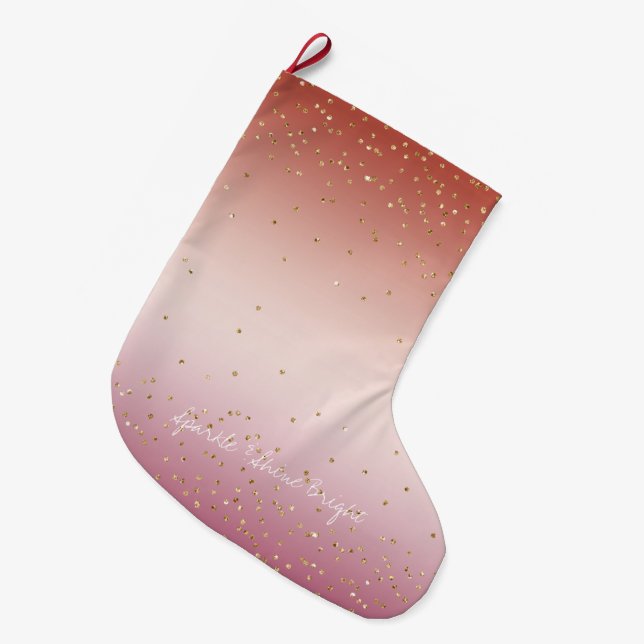 Calcetín Navideño Grande Confetti Purpurina Oro Rosa Rojo (Frente (Colgado))