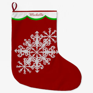 Calcetín Navideño Grande Copo de nieve blanco en personalizado rojo