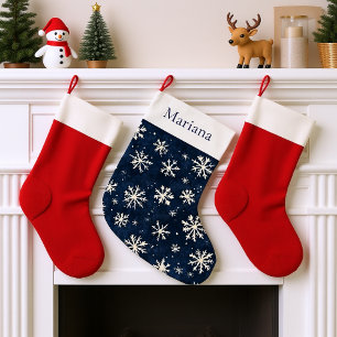 Calcetín Navideño Grande Copo de nieve blanco y azul de la marina personali