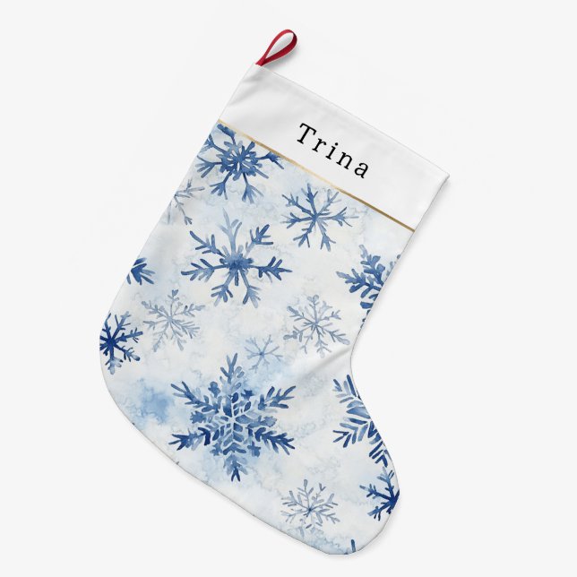 Calcetín Navideño Grande Copo de Nieve de Navidad Blanco Azul (Frente (Colgado))