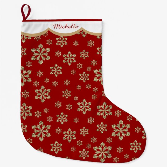 Calcetín Navideño Grande Copo de nieve del oro personalizado (Anverso)