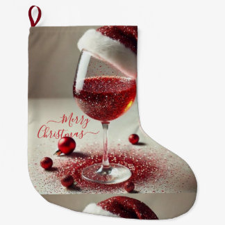 Calcetín Navideño Grande Copo de vino de cuadros rojos de Navidad con Santa